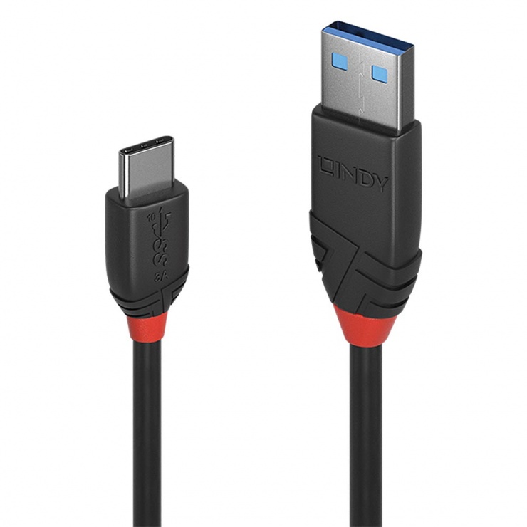 Imagine Cablu USB 3.1 tip A la tip C Black Line 3A 1m Negru, Lindy L36916