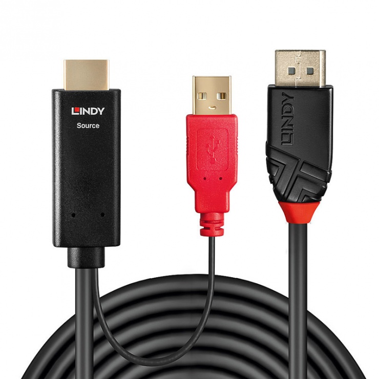 Imagine Cablu HDMI la Displayport cu alimentare USB T-T 1m Negru, Lindy L41425-1