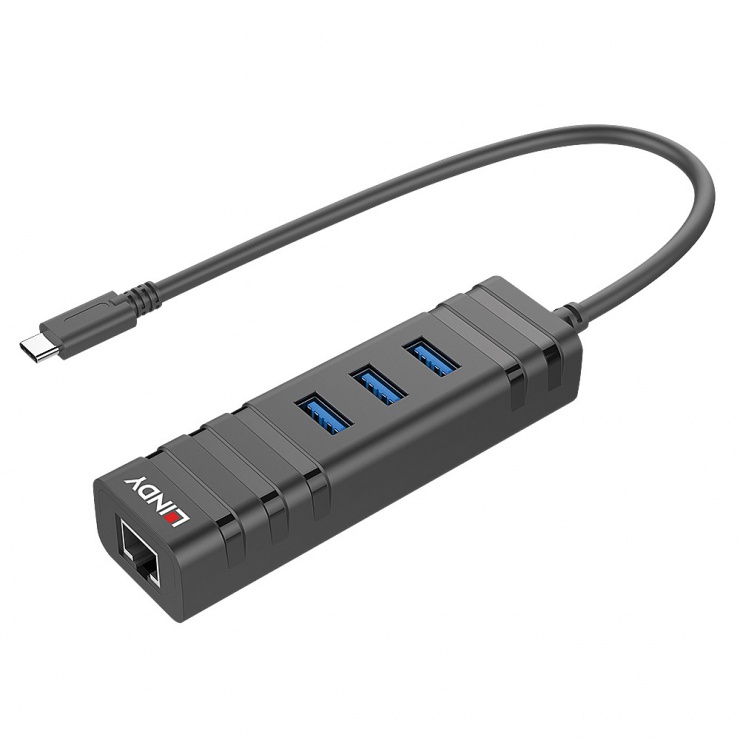 Imagine Adaptor USB 3.1 tip C la Gigabit + HUB 3 porturi, Lindy L43249-1