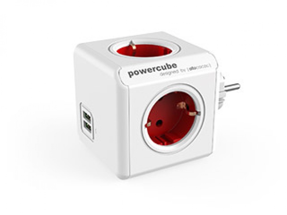 Imagine Prelungitor in forma de cub PowerCube Original 4 prize Schuko si 2 X USB Rosu, Allocacoc