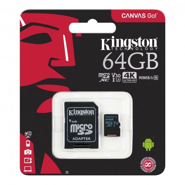 Imagine Card de memorie micro SDXC + adaptor SD 64GB clasa 10 UHS-I, Kingston SDCG2/64GB-2