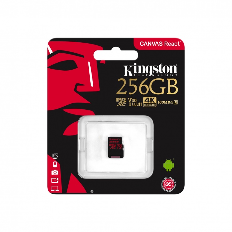 Imagine Card de memorie micro SDXC 256GB + adaptor SD Canvas React, Kingston SDCR/256GB-2