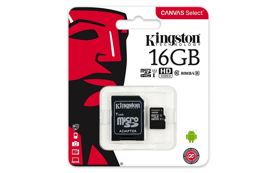Imagine Card de memorie micro SDHC Canvas Select 16GB clasa 10 + adaptor SD, Kingston SDCS/16GB