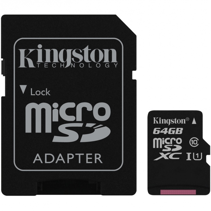 Imagine Card de memorie micro SDXC Canvas Select 64GB clasa 10 + adaptor SD, Kingston SDCS/64GB