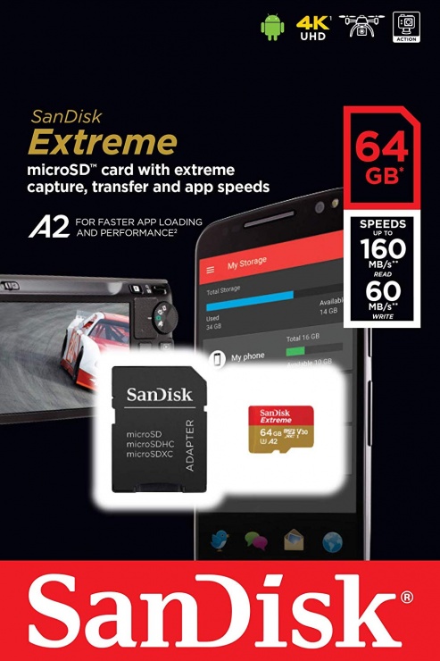 Imagine Card de memorie microSDXC 64GB clasa 10 + adaptor SD, SanDisk Extreme-2