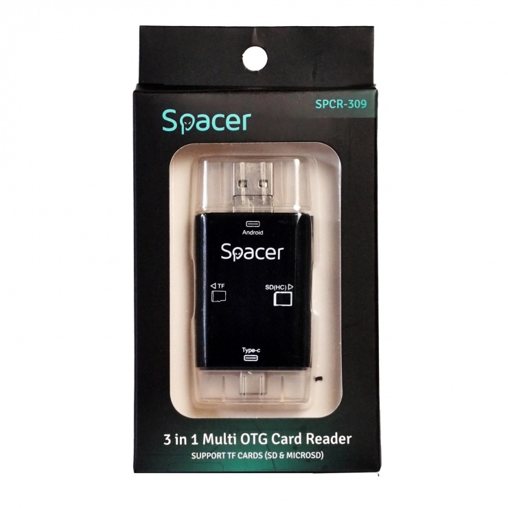 Imagine Cititor de carduri USB 3.1 tip C + micro USB + adaptor USB-A la SD, Micro-SD, MMC, Spacer SPCR-309-4