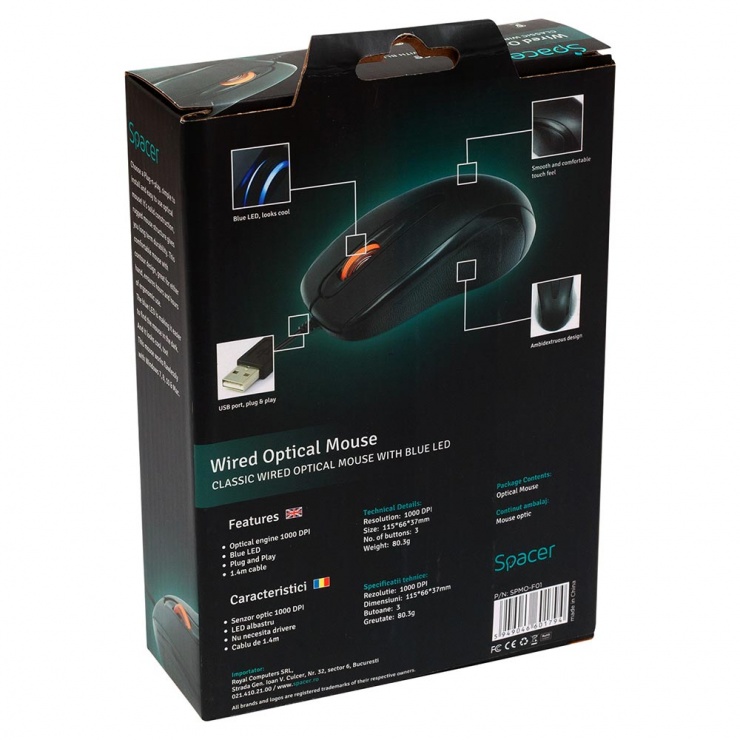 Imagine Mouse optic USB negru, Spacer SPMO-F01-6