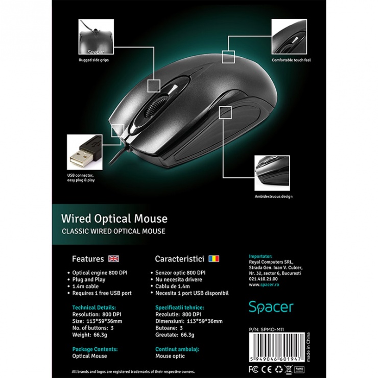 Imagine Mouse USB optic negru, Spacer SPMO-M11-6