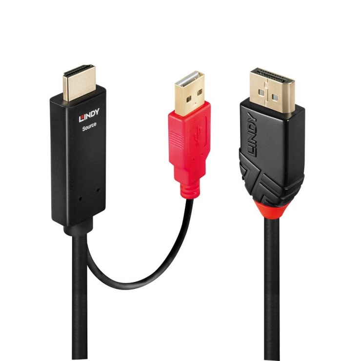 Imagine Cablu HDMI la Displayport cu alimentare USB T-T 0.5m Negru, Lindy L41424
