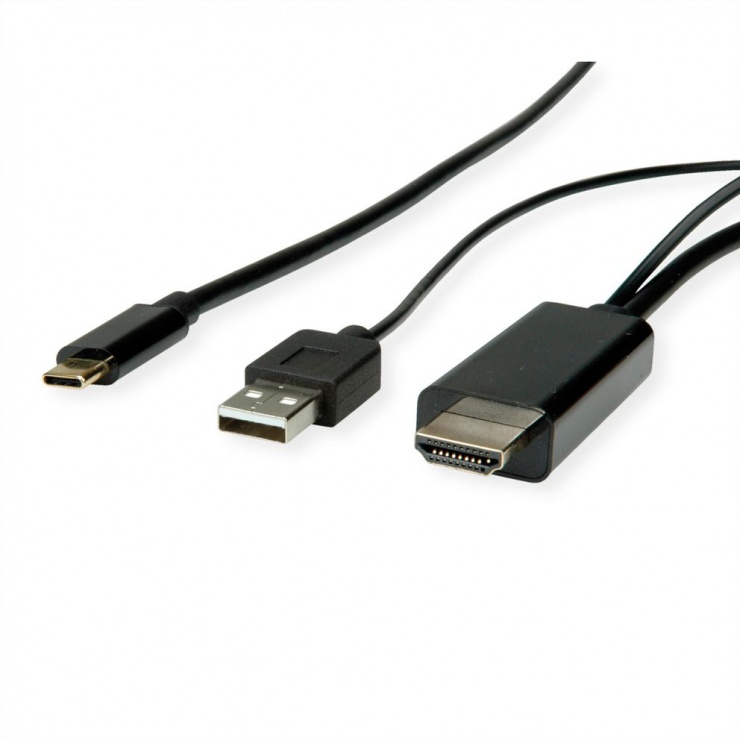 Imagine Cablu USB-C la HDMI T-T 2m Negru cu alimentare USB-A, Roline 11.04.5956