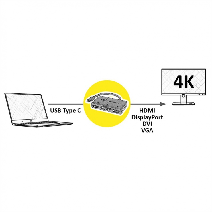 Imagine Adaptor USB-C la VGA / DVI / HDMI / Displayport T-M, Roline 12.03.3138
