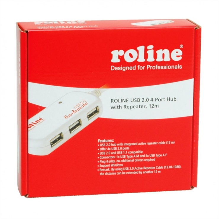 Imagine Cablu prelungitor USB 2.0 activ 4 porturi cu repeater 12m, Roline 12.04.1085-3