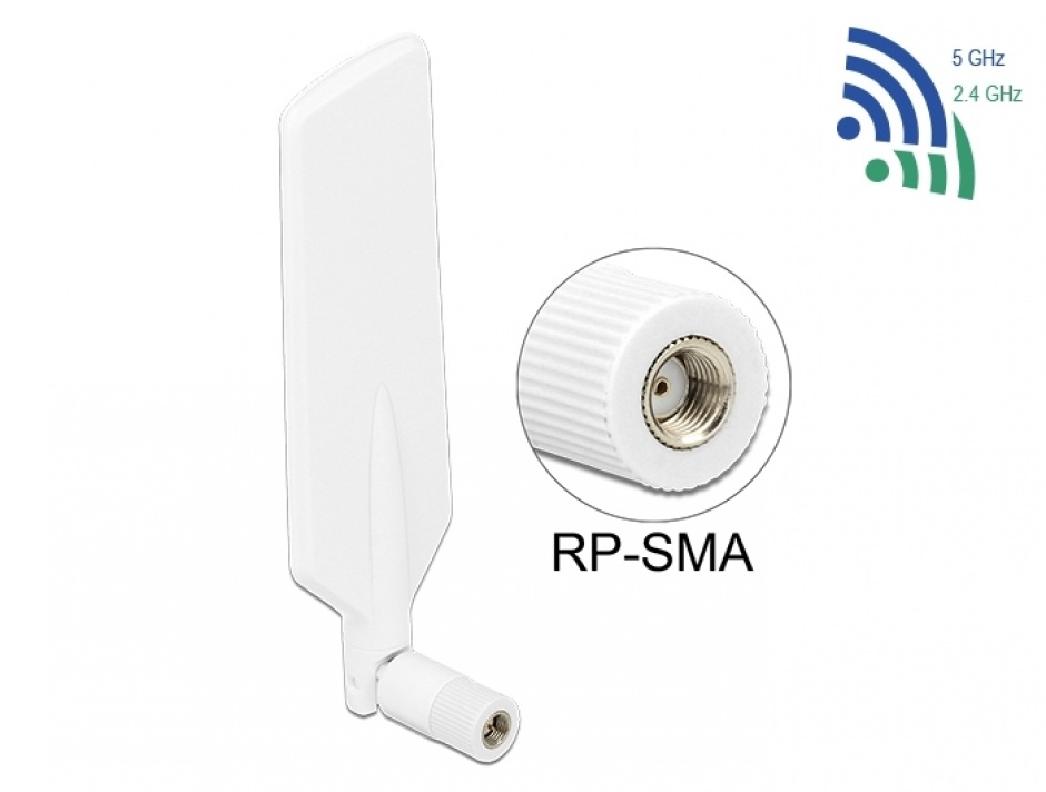 Imagine Antena LTE WLAN Dual Band RP-SMA 1 ~ 4 dBi omnidirectional rotabil alb, Delock 12431