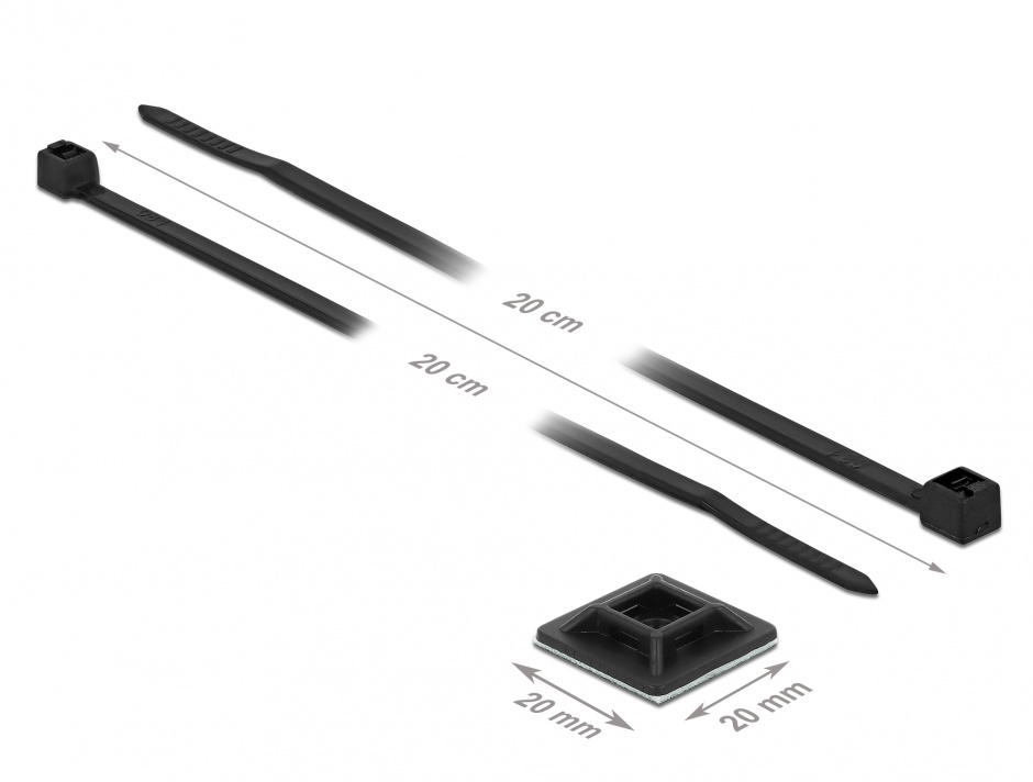 Imagine Set 10 bride 200 x 2.5 mm + suport prindere 20 x 20 mm Negru, Delock 18680