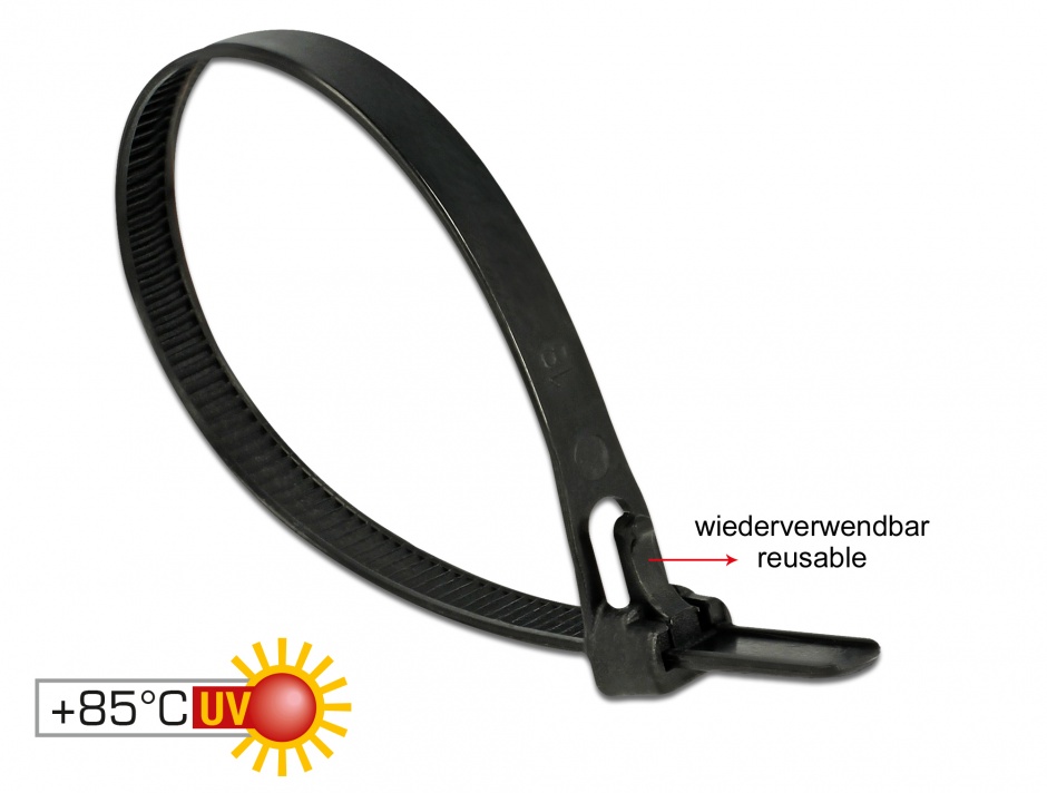 Imagine Bride reutilizabile rezistente la caldura 200 x 7.5mm 100buc Negre, Delock 18752