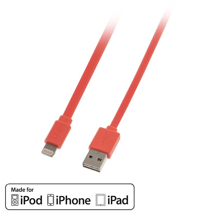 Imagine Cablu USB reversibil date + incarcare pentru iPhone 5/6 Lightning MFI 1m Orange, Lindy L31394