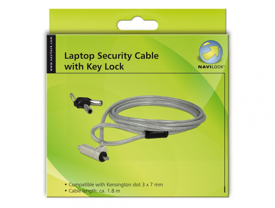 Imagine Cablu de securitate notebook cu cheie pentru slot Kensington 3x7mm, Navilock 20653