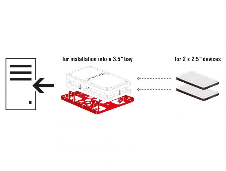 Imagine Kit de instalare 2 x 2.5" HDD in bay 3.5" rosu aluminiu, Delock 21334