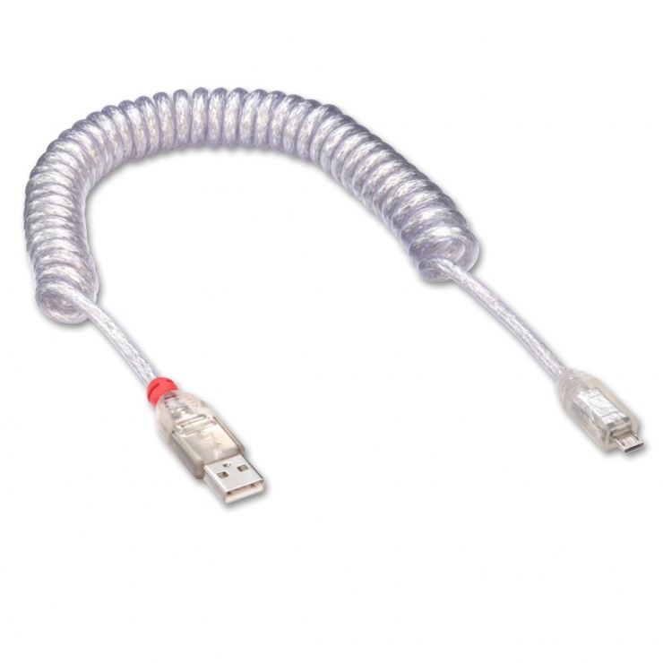 Imagine Cablu USB la micro USB 2.0 spiralat transparent 0.2m, Lindy L31926