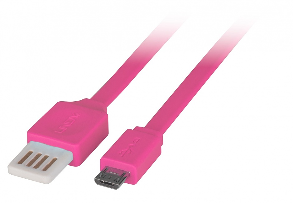 Imagine Cablu USB 2.0 la micro USB-B Flat reversibil 1m Pink, Lindy L30901