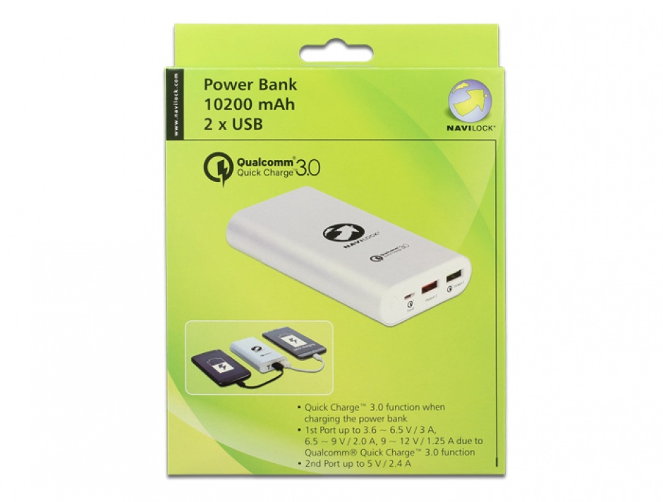Imagine Power Bank 10200 mAh cu 2 x USB-A cu Qualcomm® Quick Charge 3.0, Navilock 41501