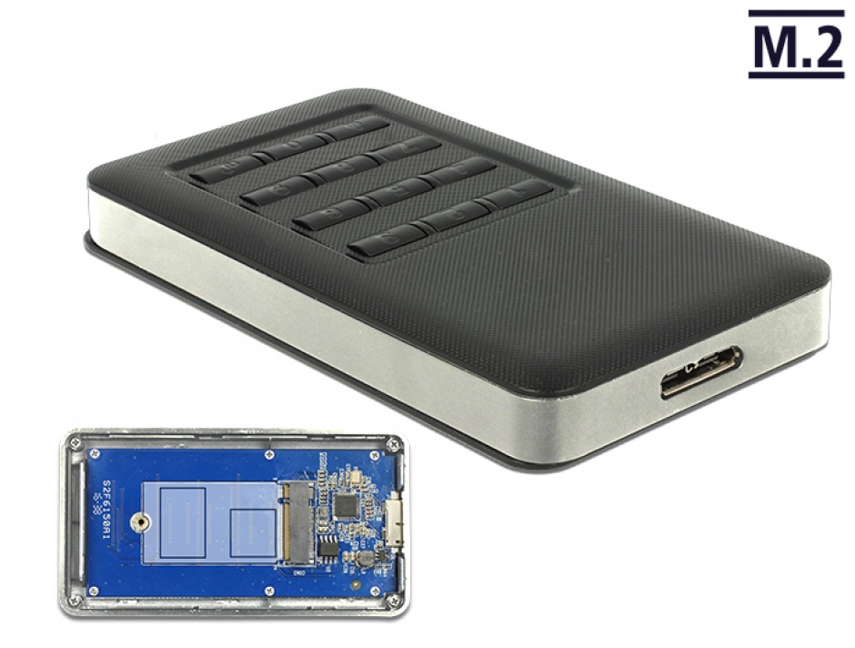 Imagine Rack extern M.2 Key B 42 mm SSD la micro USB-B 3.0 cu encryption function, Delock 42594
