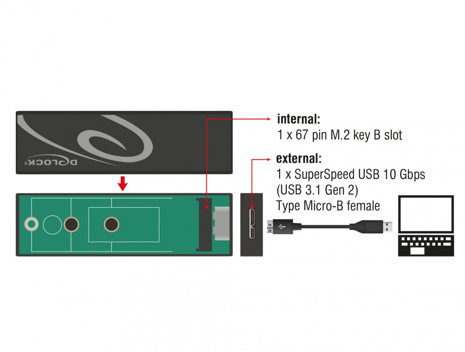 Imagine Rack extern toolless M.2 SSD 42/60/80 mm la micro-B USB 3.1 Gen 2, Delock 42598 