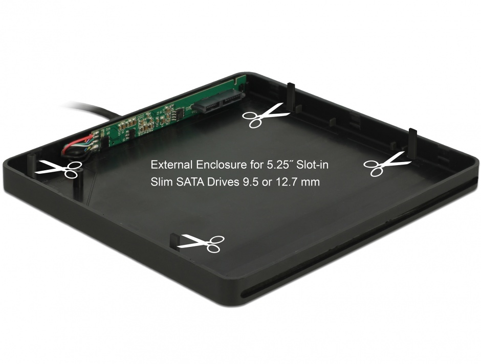 Imagine Enclosure extern pentru dispozitive 5.25" Slot-in Slim SATA 9.5 / 12.7 mm la USB-A Negru, Delock 426