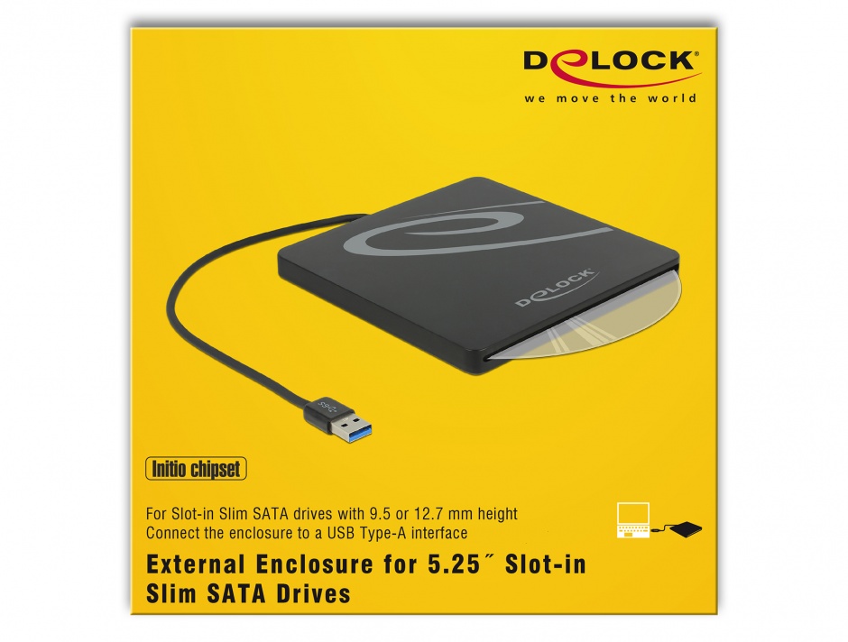 Imagine Enclosure extern pentru dispozitive 5.25" Slot-in Slim SATA 9.5 / 12.7 mm la USB-A Negru, Delock 426