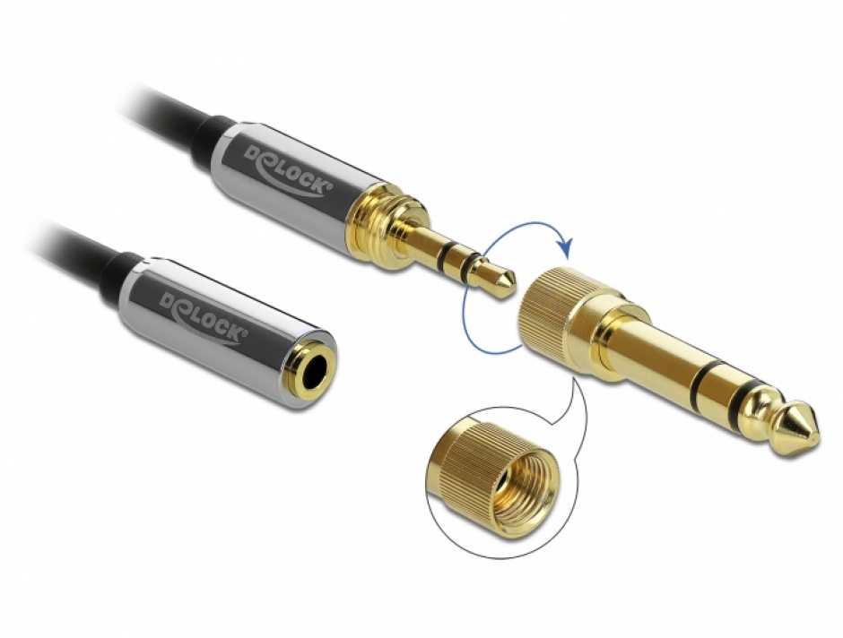 Imagine Cablu prelungitor spiralat jack stereo 3.5mm 3 pini T-M + adaptor 6.35mm 5m, Delock 85834