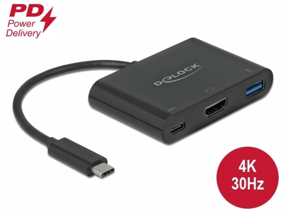 Imagine Adaptor USB-C 3.1 la HDMI 4K@30 Hz + 1 x USB-A BC1.2 + 1 x USB-C PD (Power Delivery), Delock 64091