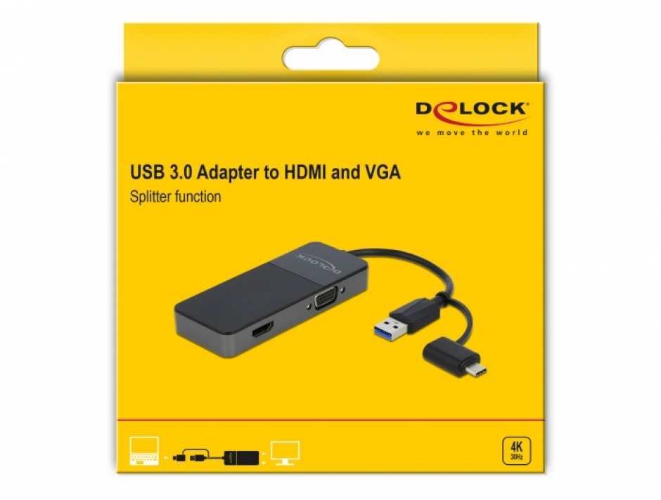 Imagine Adaptor USB 3.0 + adaptor USB-C la HDMI 4K@30Hz + VGA T-M, Delock 64085