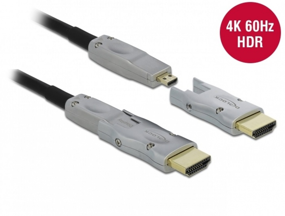 Imagine Cablu micro HDMI optic activ 4K@60Hz HDR - conectori HDMI detasabili T-T 10m Negru, Delock 85880