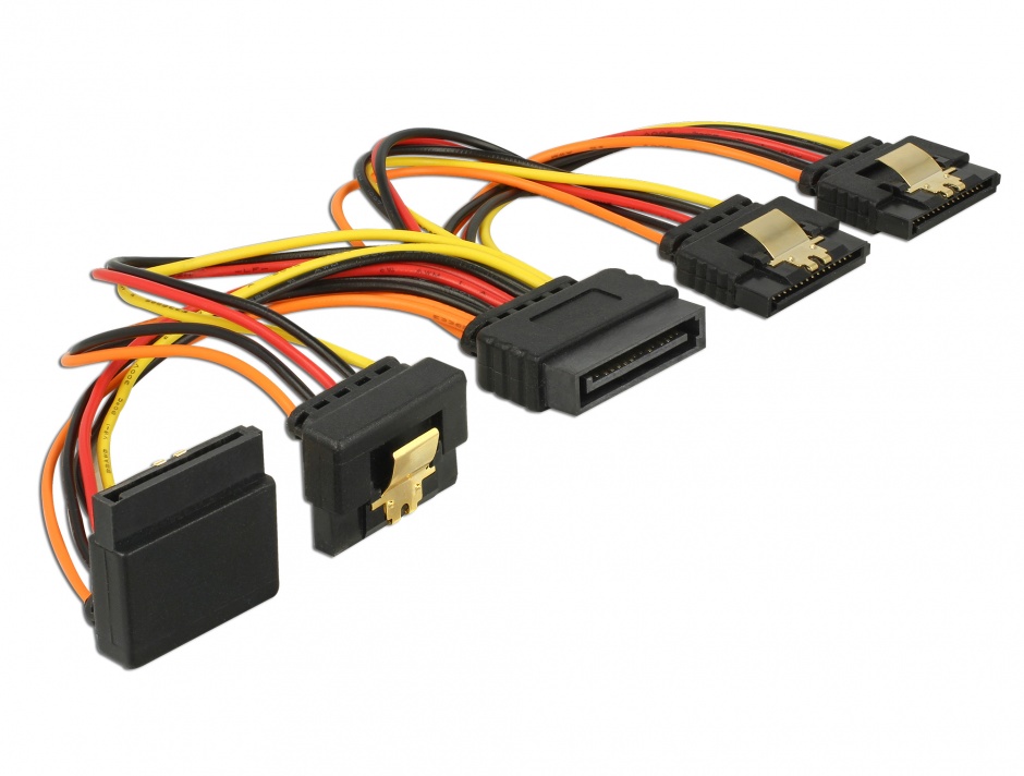 Imagine Cablu de alimentare SATA 15 pini la 2 x SATA drepte + 1 x unghi sus + 1 x unghi jos 15cm, Delock 601