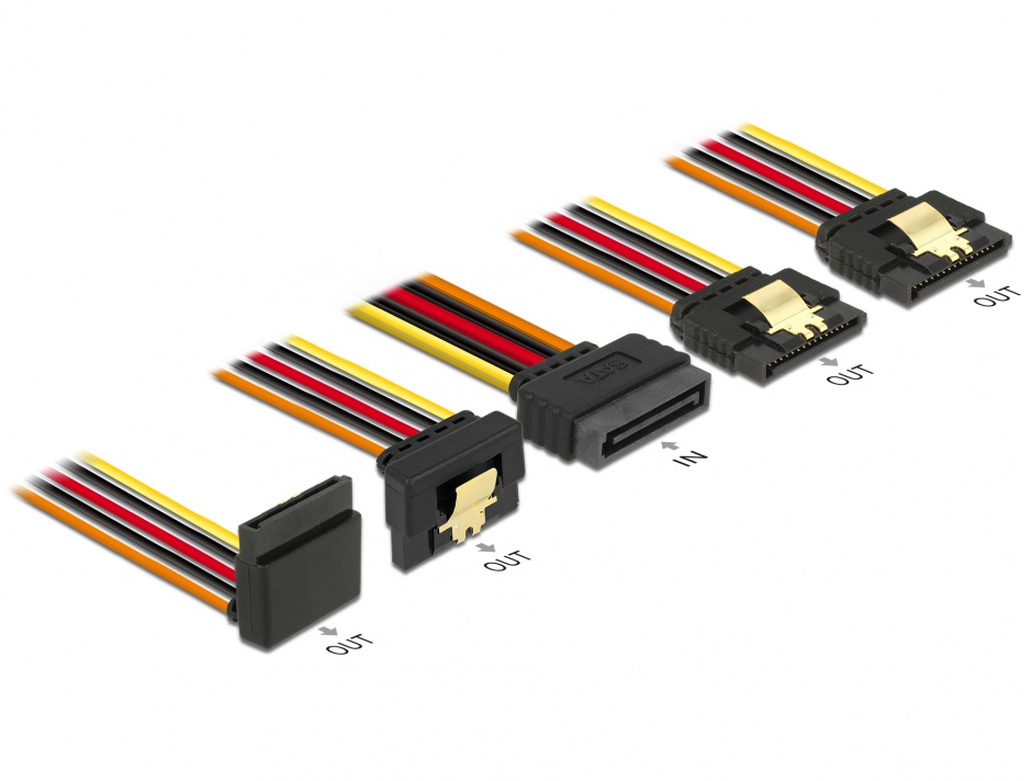 Imagine Cablu de alimentare SATA 15 pini la 2 x SATA drepte + 1 x unghi sus + 1 x unghi jos 50cm, Delock 60149