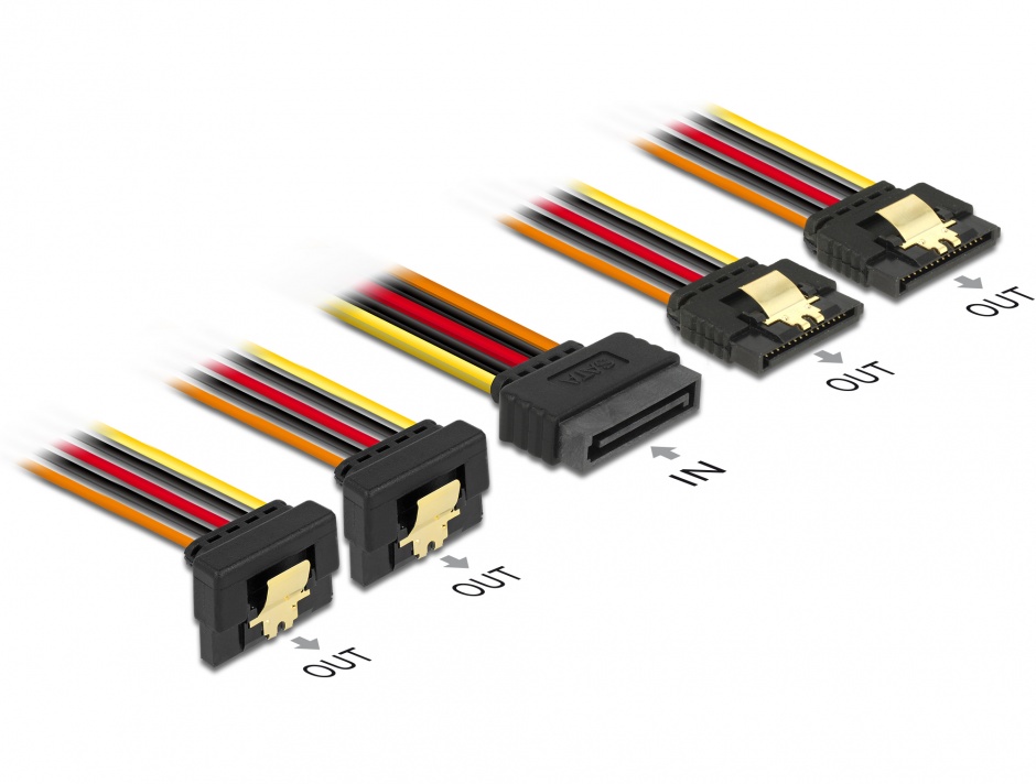 Imagine Cablu de alimentare SATA 15 pini la 2 x SATA drept + 2 x SATA unghi jos 15cm, Delock 60150