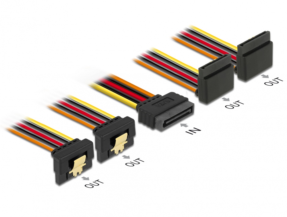 Imagine Cablu de alimentare SATA 15 pini la 2 x SATA unghi sus + 2 x SATA unghi jos 30cm, Delock 60154