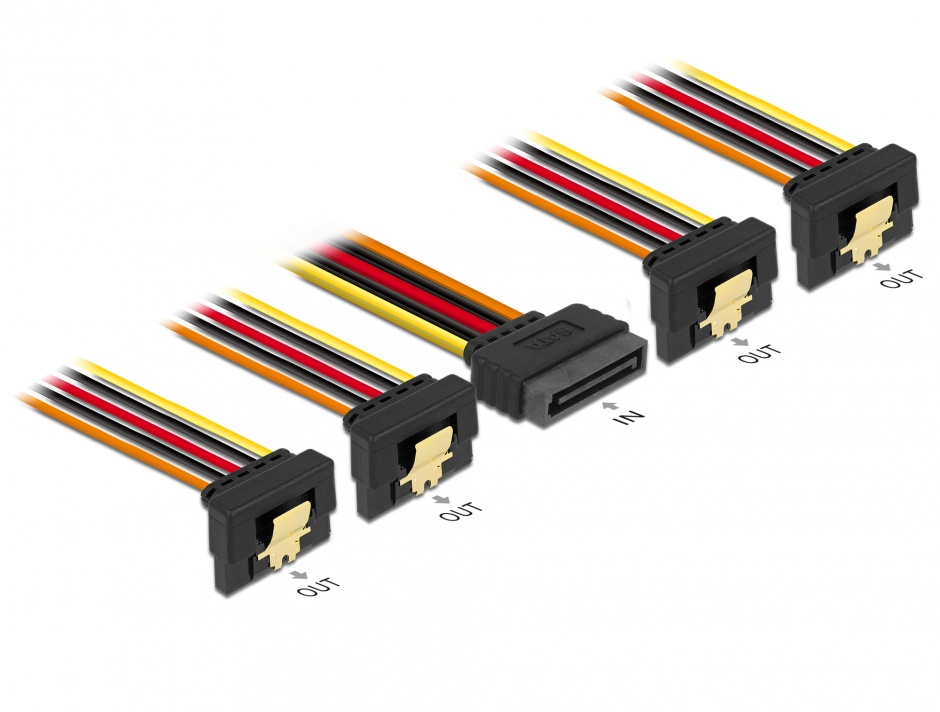 Imagine Cablu de alimentare SATA 15 pini la 4 x SATA unghi jos 30cm, Delock 60167