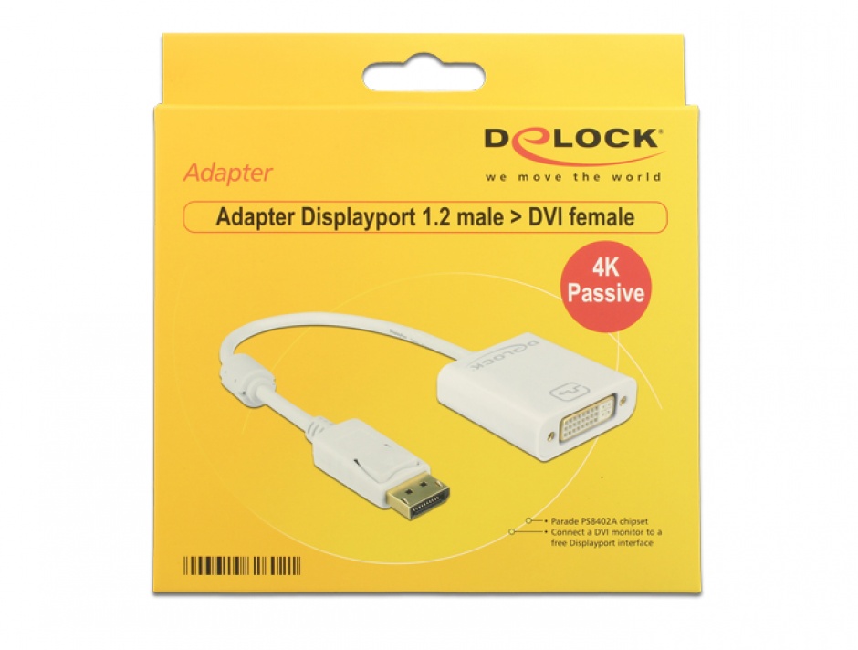Imagine Adaptor Displayport la DVI T-M 1.2 4K Pasiv Alb, Delock 62602