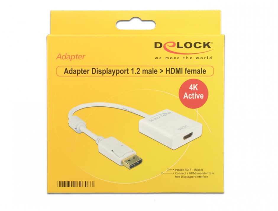 Imagine Adaptor Displayport la HDMI T-M 1.2 4K Activ Alb, Delock 62608