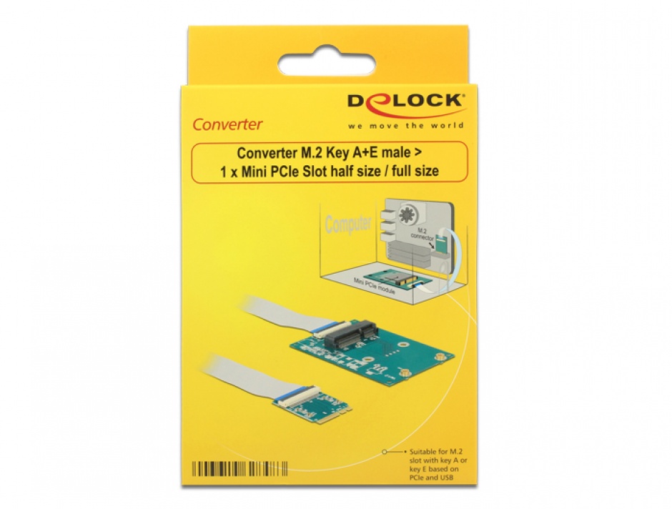 Imagine Convertor M.2 Key A+E la 1 x Mini PCIe Slot half size/ full size + cablu flexibil, Delock 62848