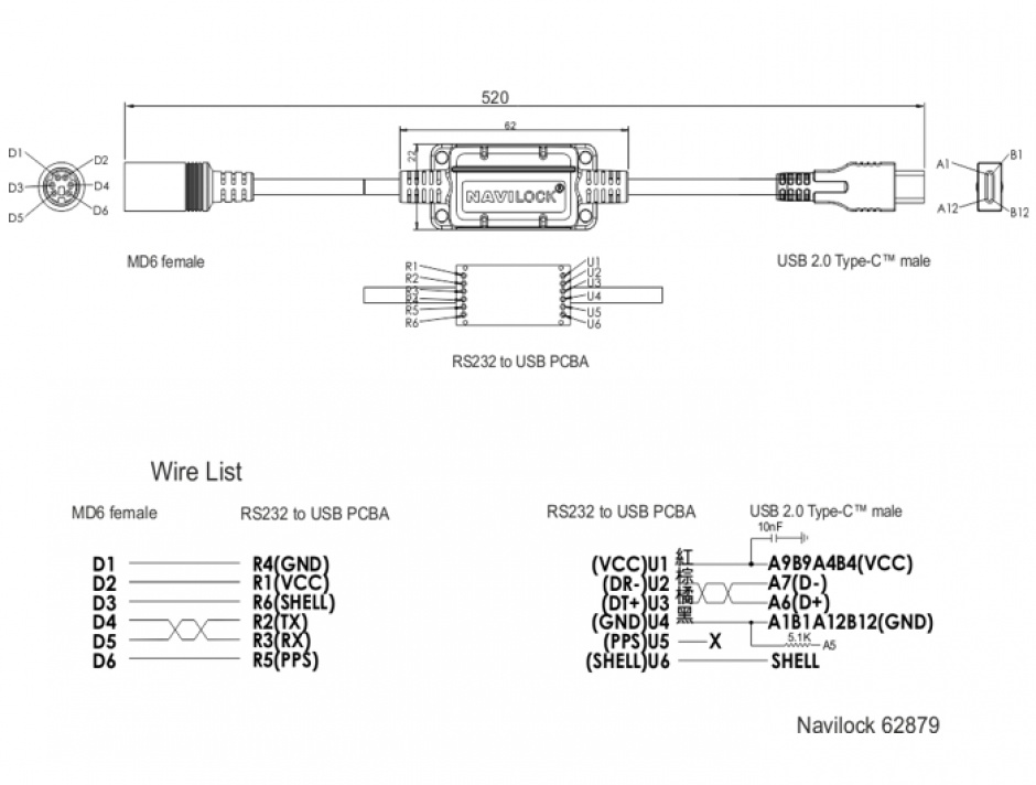 Imagine Cablu MD6 socket serial la USB tip C 2.0 52cm, Navilock 62879