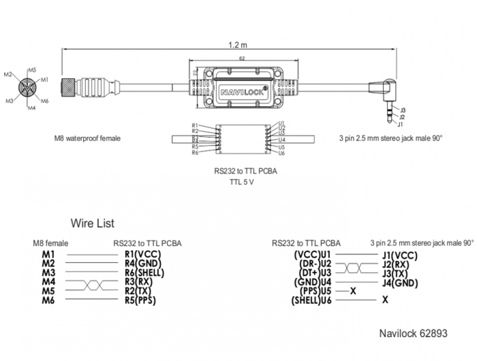 Imagine Cablu M8 waterproof la jack 2.5 mm 3 pini 90° TTL (5 V), Navilock 62893 
