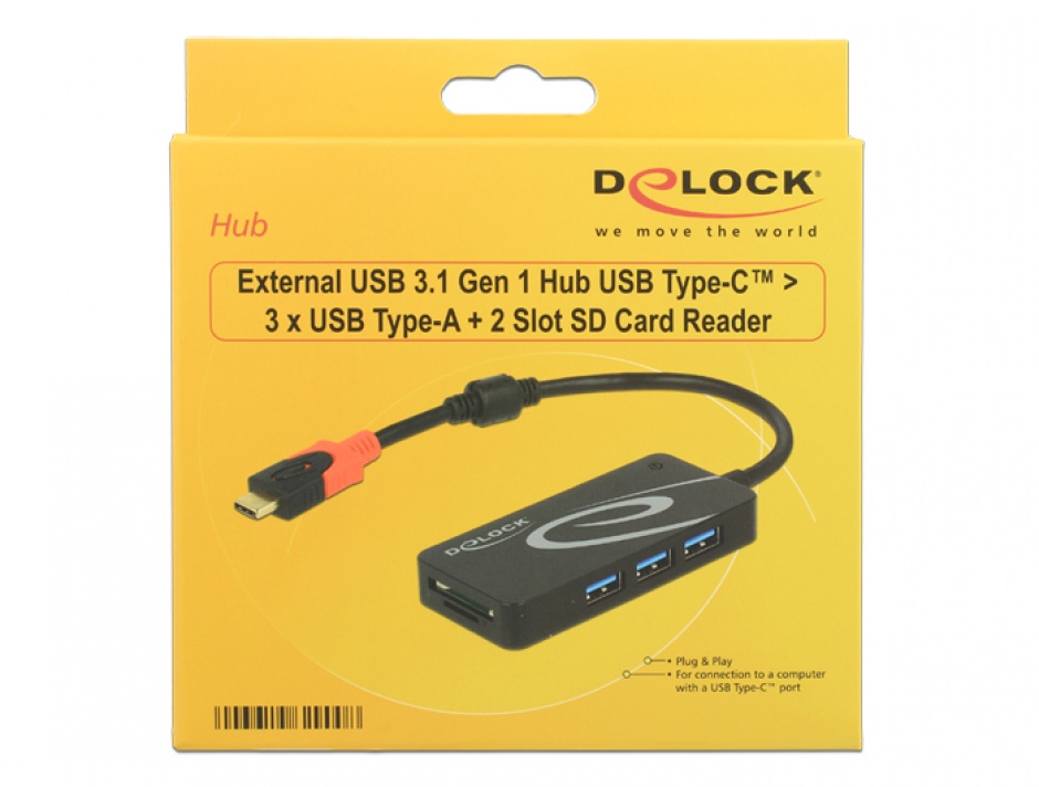 Imagine HUB USB 3.1 tip C la 3 x USB-A + 2 Slot Card SD Negru, Delock 62900