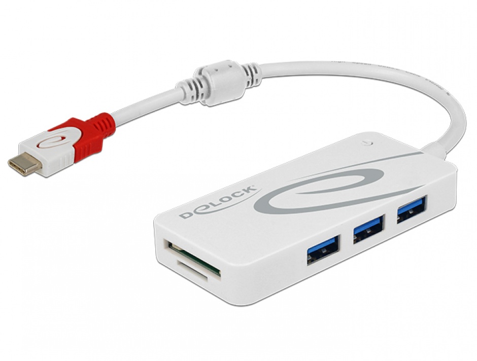 Imagine HUB USB 3.1 tip C la 3 x USB-A + 2 Slot Card SD Alb, Delock 62901