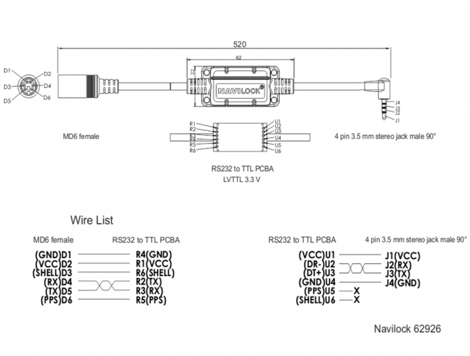 Imagine Cablu MD6 socket serial la jack 3.5 mm 4 pini 90° LVTTL (3.3 V) 52cm, Navilock 62926