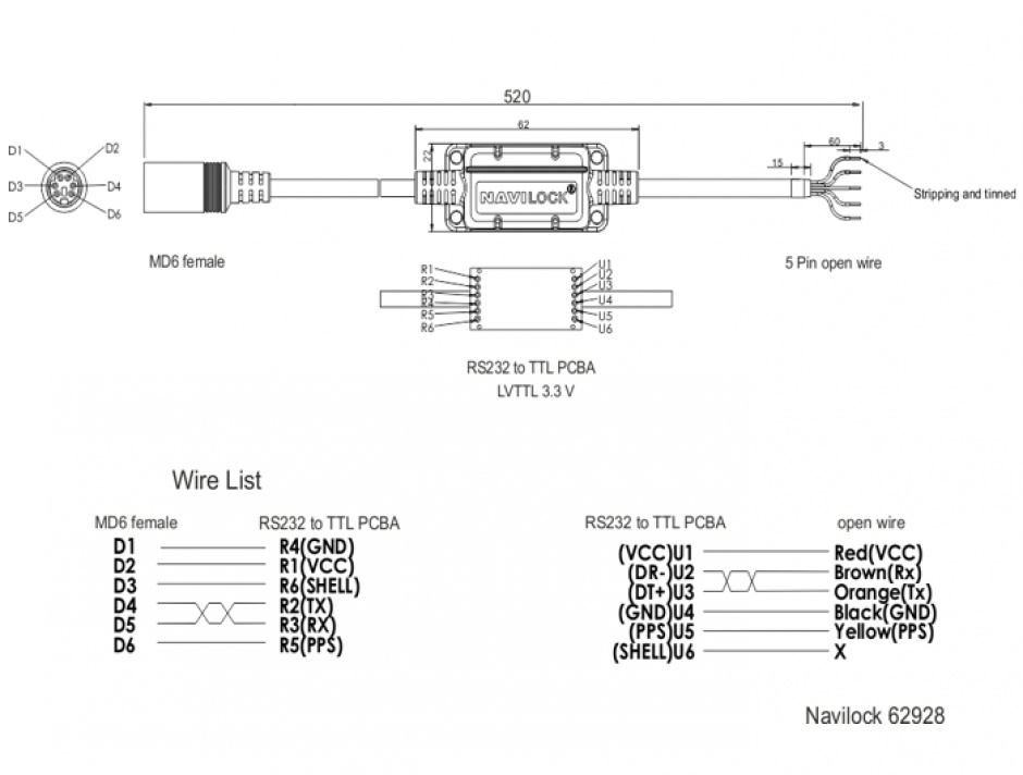Imagine Cablu MD6 socket serial la 5 fire deschise LVTTL (3.3 V) 52cm, Navilock 62928