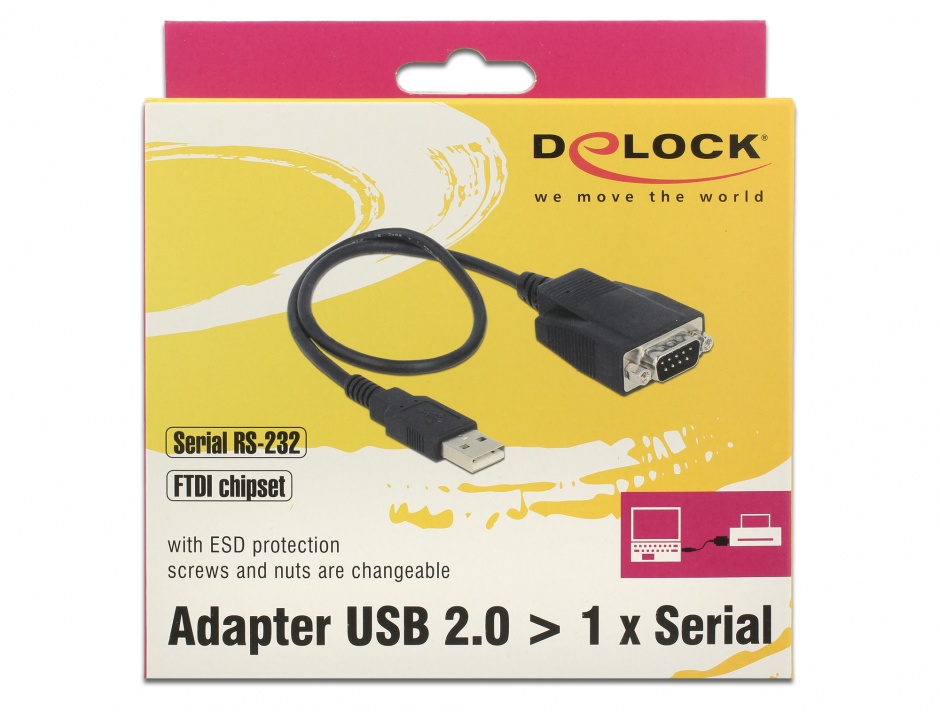 Imagine Adaptor USB la Serial RS-232 DB9 FTDI cu protectie ESD 35cm, Delock 62958