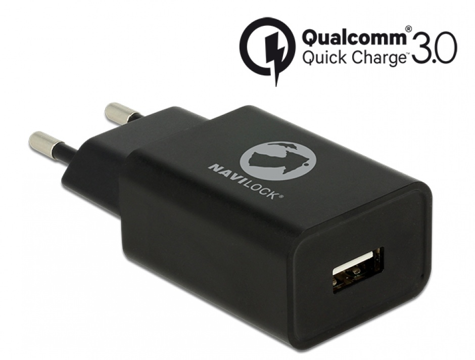 Imagine Incarcator priza cu 1 x USB Qualcomm Quick/Fast Charge 3.0 (incarcare rapida) Negru, Navilock 62968