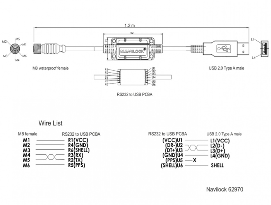 Imagine Cablu M8 waterproof la USB-A 2.0 M-T, Navilock 62970